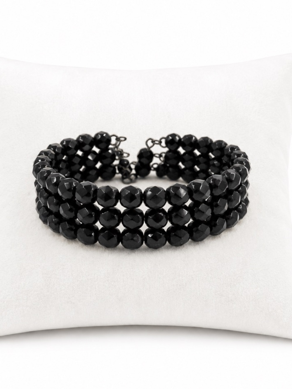 Black Glass Faceted Beaded Three-Row Statement Bracelet